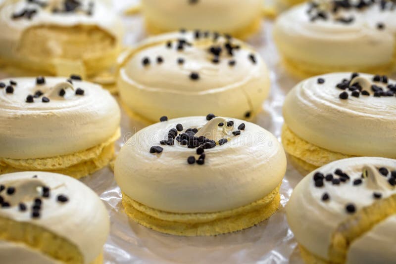 Mini desserts, sweet pastries sprinkled with black sesame sedona, selective focus