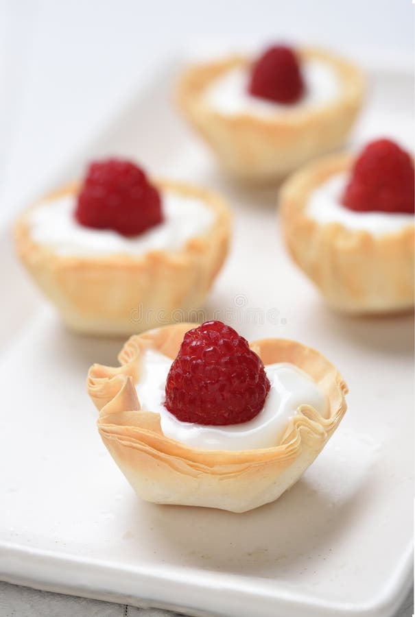 Mini Fillo Shells filled with custard topped with fresh raspberries stock photography