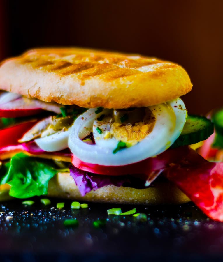 Mini Grilled Sandwich with Various Cold Meats, Cheese, Mushrooms Stock