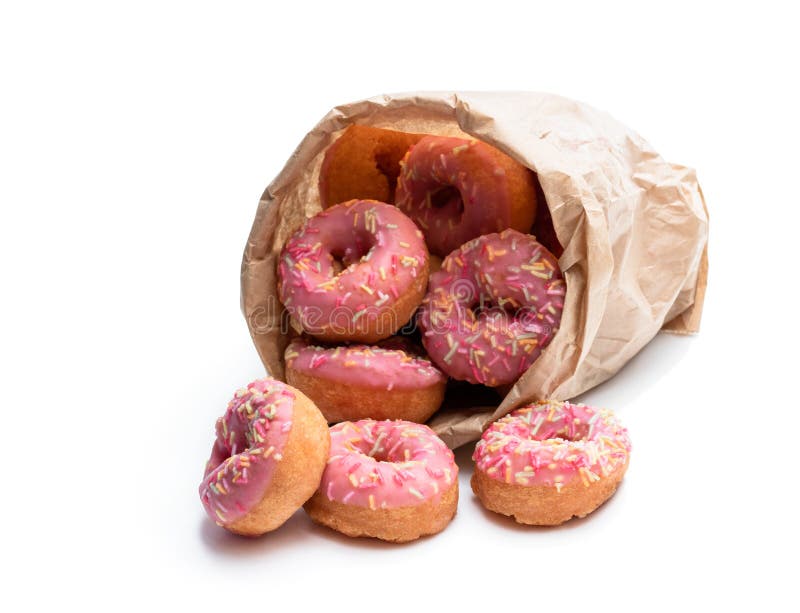 Download Mini Pink Glazed Doughnuts In Paper Bag Isolated On White Stock Photo - Image of heap, isolated ...