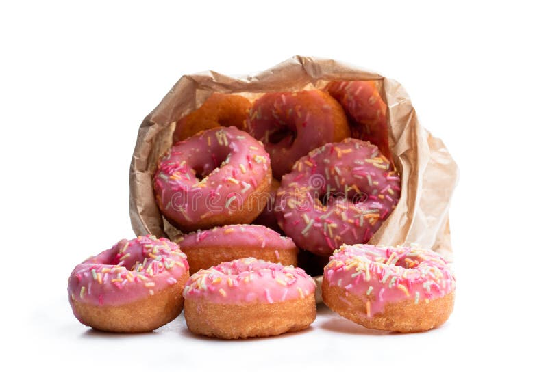 Download Mini Pink Glazed Doughnuts In Paper Bag Isolated On White Stock Photo - Image of junk, colored ...