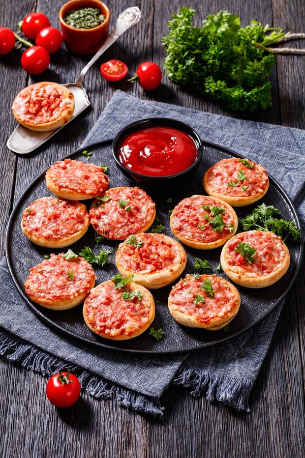 Mini Pizzas with Ham and Pecorino Cheese, Top View Stock Image - Image ...