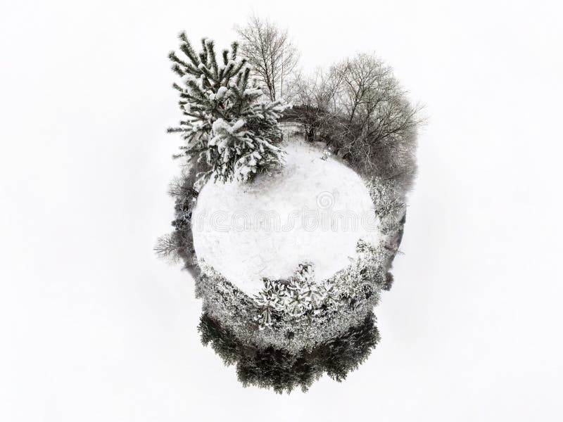Mini planet Earth. Little planet earth with 360 viewing angle. Globe panorama of world.Winter little planet with trees and snow. royalty free stock image Mini planet Earth. Little planet earth with 360 viewing angle. Globe panorama of world.Winter little planet with trees and snow. royalty free stock image