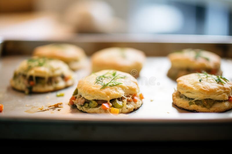 Mini-plăcinte în ghiveci pe o foaie de copt stock images