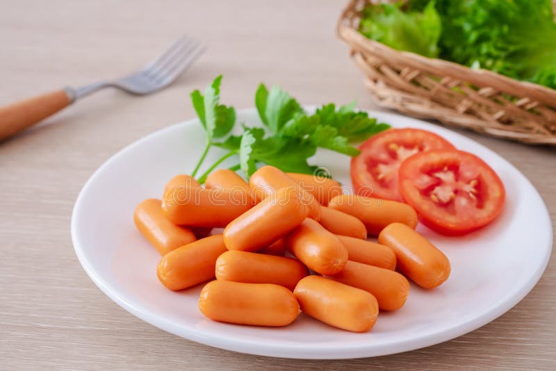 Mini Sausage and Vegetable on White Plate Stock Image Image of