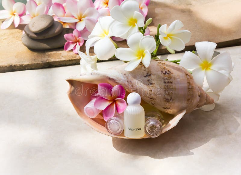 Mini Set of Bubble Bath and Shower Liquid Gel with Flowers Stock Image