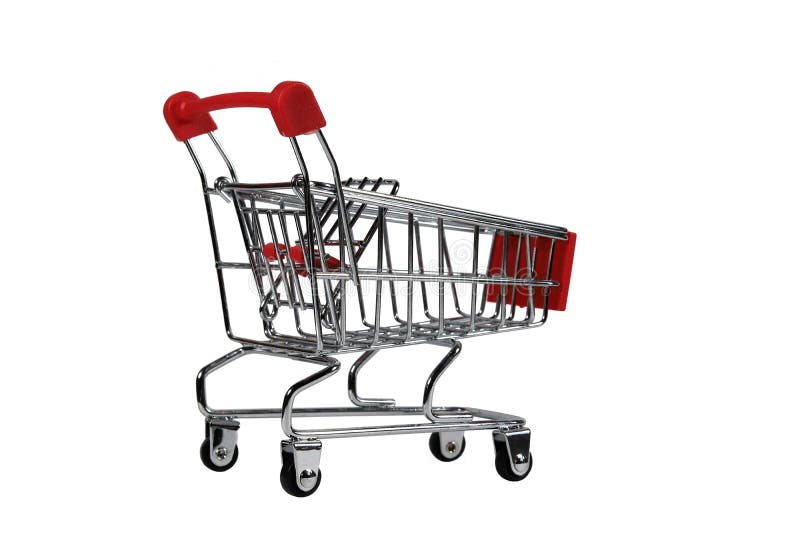 Mini Shopping Cart Side View isolou-se no branco imagens de stock royalty free Mini Shopping Cart Side View isolou-se no branco imagens de stock royalty free