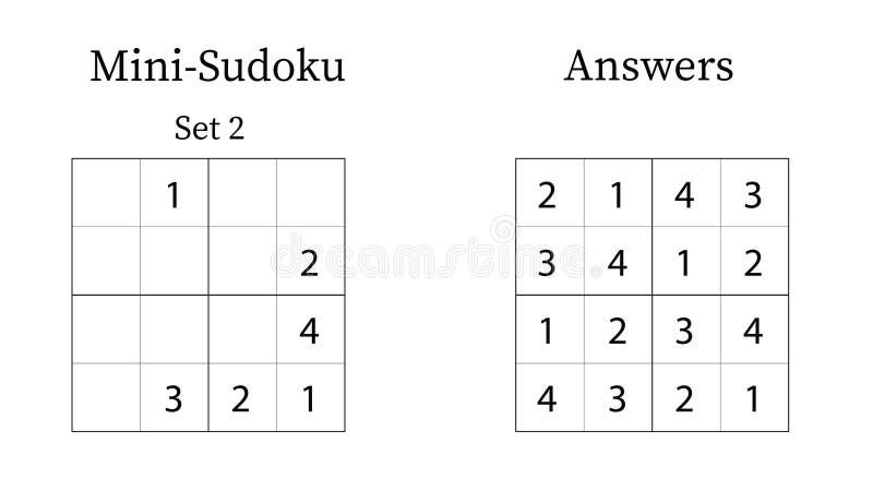 Mini Sudoku Puzzle 4x4 Set 2 for Kids Easy with Answers Fun Brain Training Math Game royalty ilustracja
