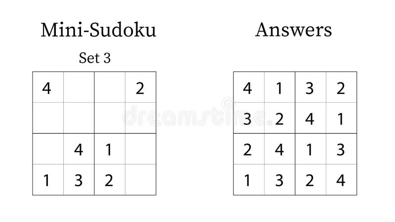 Mini Sudoku Puzzle 4x4 Set 3 for Kids Easy with Answers Fun Brain Training Math Game ilustracji
