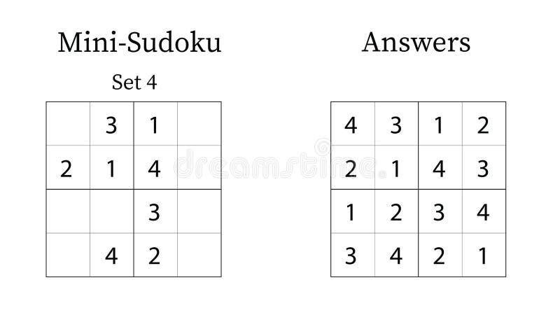 Mini Sudoku Puzzle 4x4 Set 4 for Kids Easy with Answers Fun Brain Training Math Game ilustracja wektor