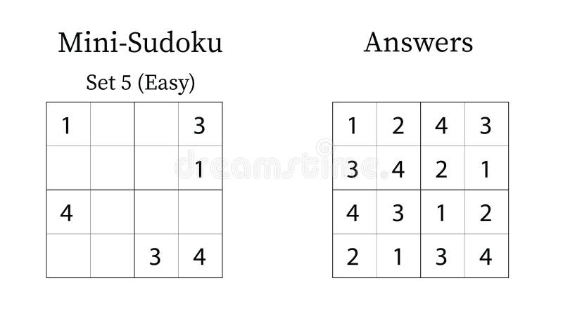 Mini Sudoku Puzzle 4x4 Set 5 for Kids Easy with Answers Fun Brain Training Math Game royalty ilustracja