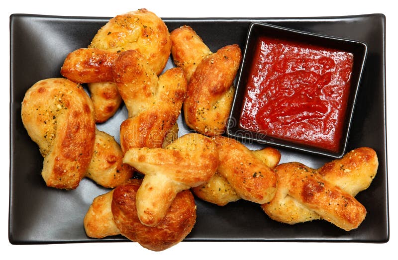 Mini Twisted Parmesan Garlic Breads with Marinara Sauce Stock Photo