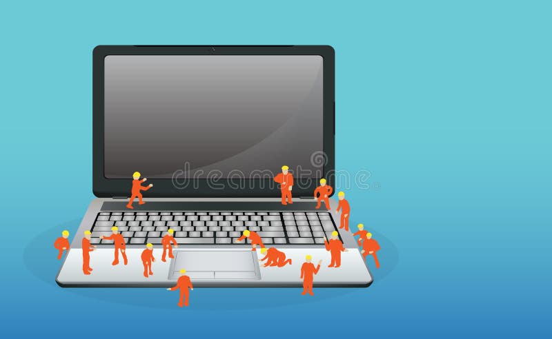 Miniarbeider die aan een laptop computer werken royalty-vrije illustratie Miniarbeider die aan een laptop computer werken royalty-vrije illustratie