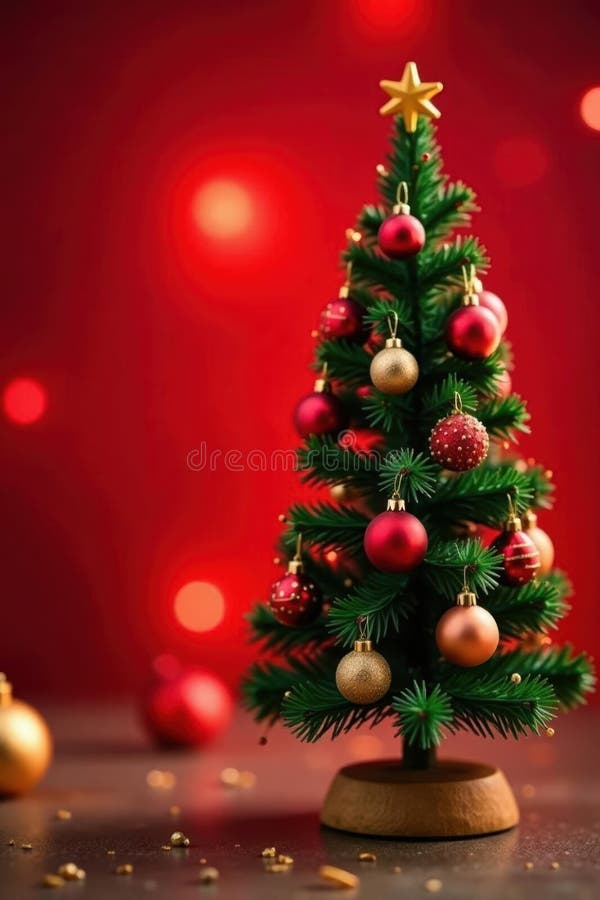 Miniatur Weihnachtsbaum rote goldene Ornamente roter Hintergrund warmes Buche hell fröhliche Miniatur stock abbildung