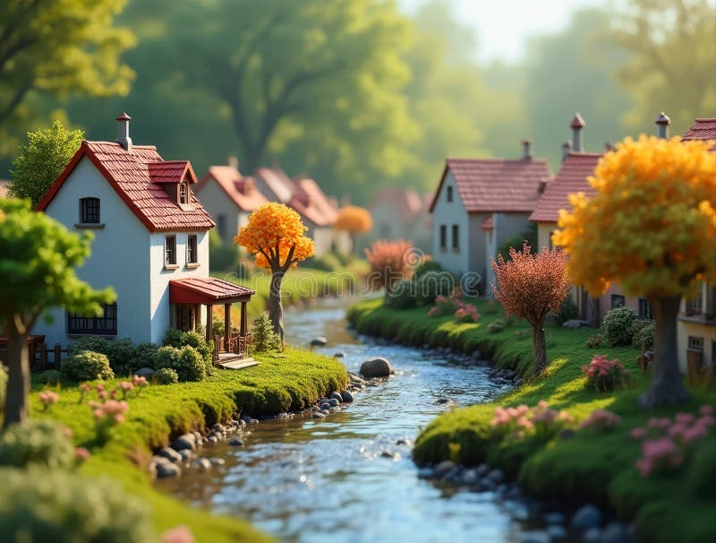 Miniatura villaggio vicino al fiume alla luce del sole d'autunno illustrazione di stock