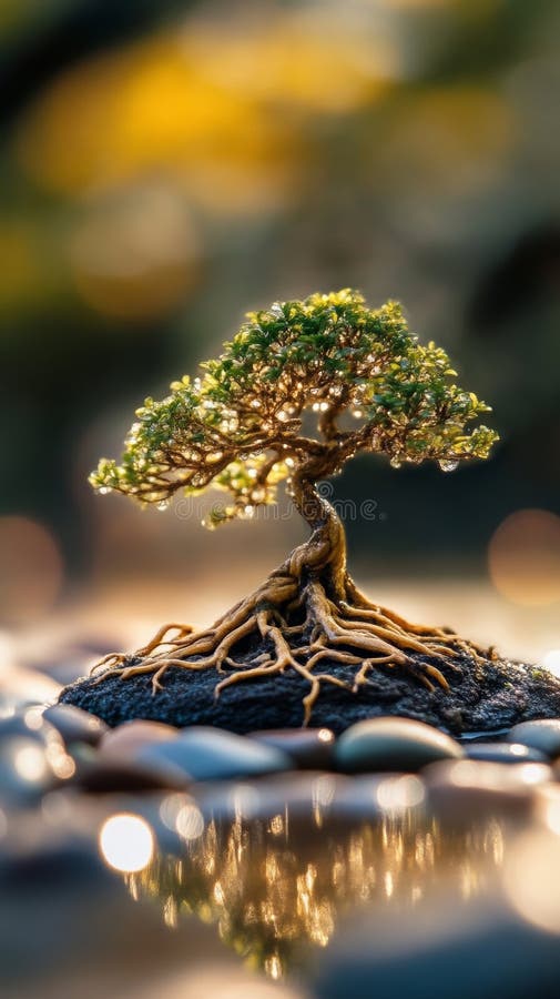 Miniature bonsai tree with exposed roots on wet pebbles royalty free stock photo