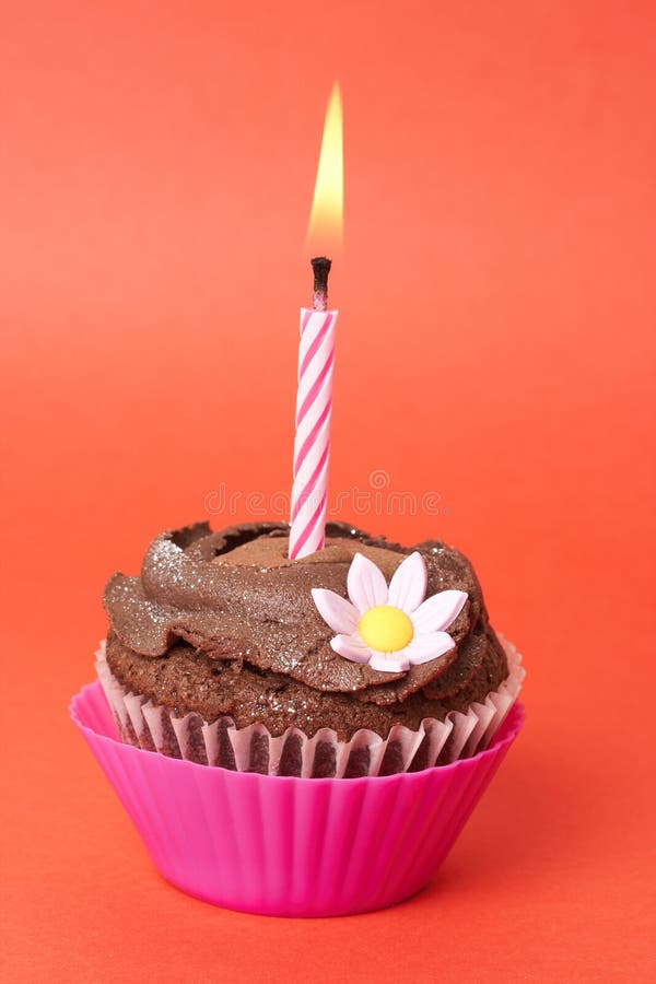 Miniature chocolate cupcake with candle