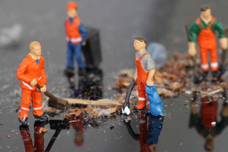Miniature Cleaners Cleaning Dust Reflected Stock Photo Image of male