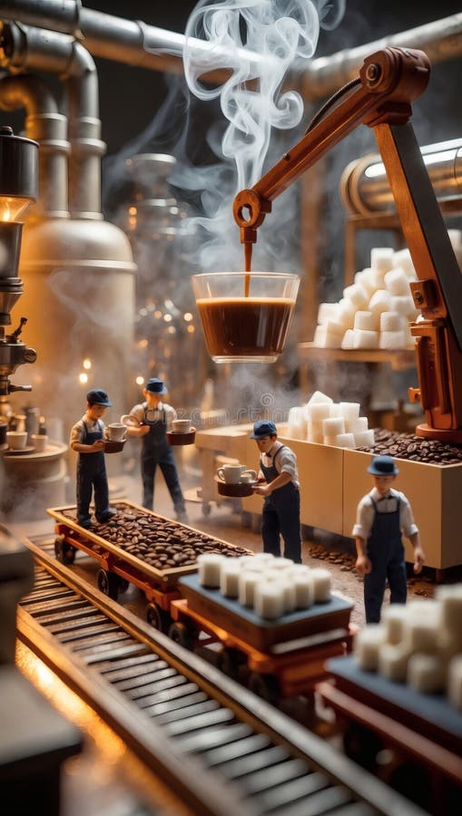 Miniature Coffee Production: A whimsical scene of tiny workers and automated processes creating the perfect cup. This image shows a whimsical miniature coffee production line with tiny workers, sugar cubes, and a robotic arm pouring coffee, set against a backdrop of industrial equipment