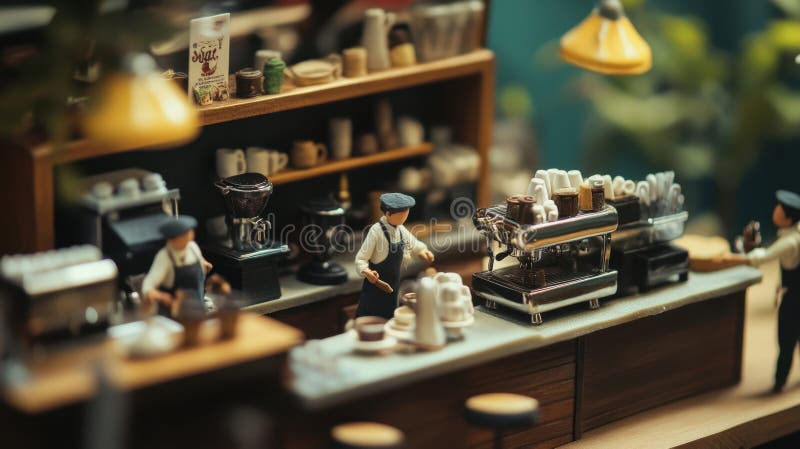 Miniature Coffee Shop Scene with Baristas and Equipment Display vector illustration