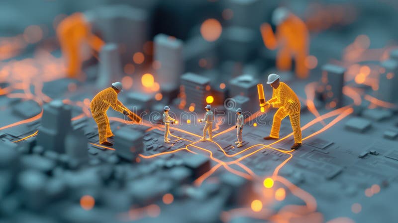 Miniature construction workers building glowing futuristic cityscape model royalty free illustration