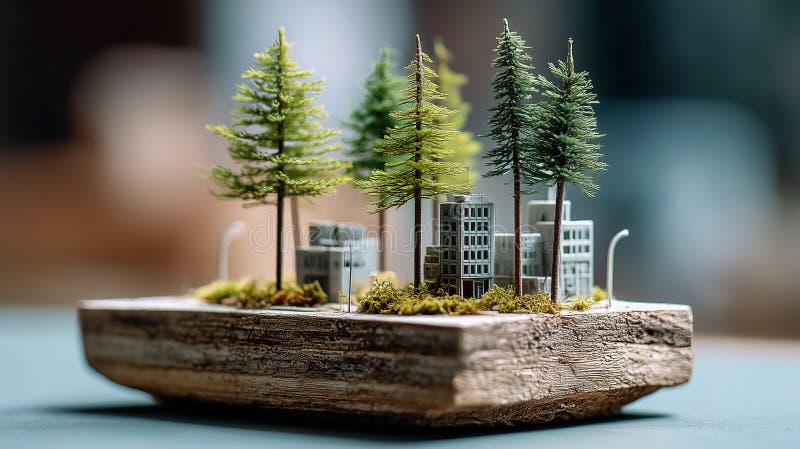 Miniature diorama med en liten stadsplats med byggnader och flera långa, detaljerade modellträd vektor illustrationer