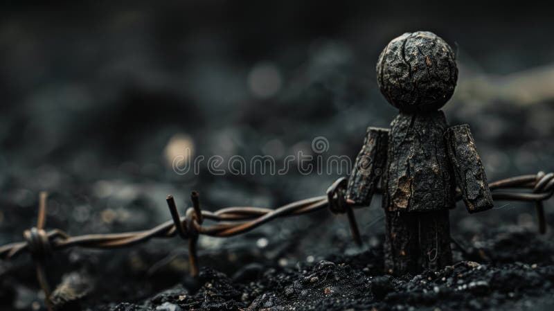 A miniature figure entangled with barbed wire. stock photos