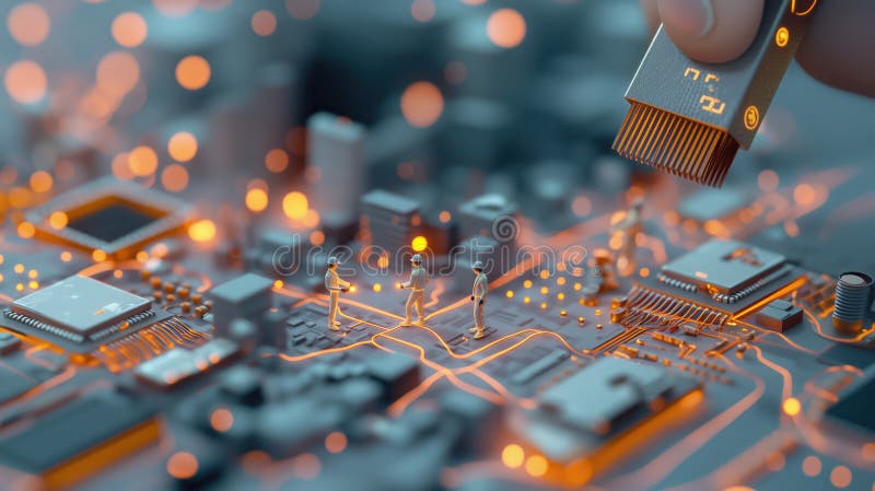 Miniature figures walking on glowing circuit board, symbolizing technology stock illustration