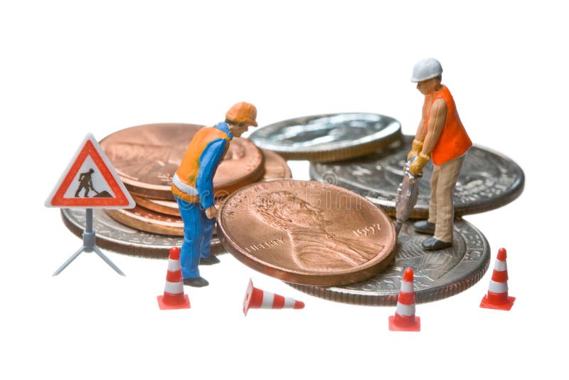 Miniature figures working on a heap of Dollar coin stock photography Miniature figures working on a heap of Dollar coin stock photography