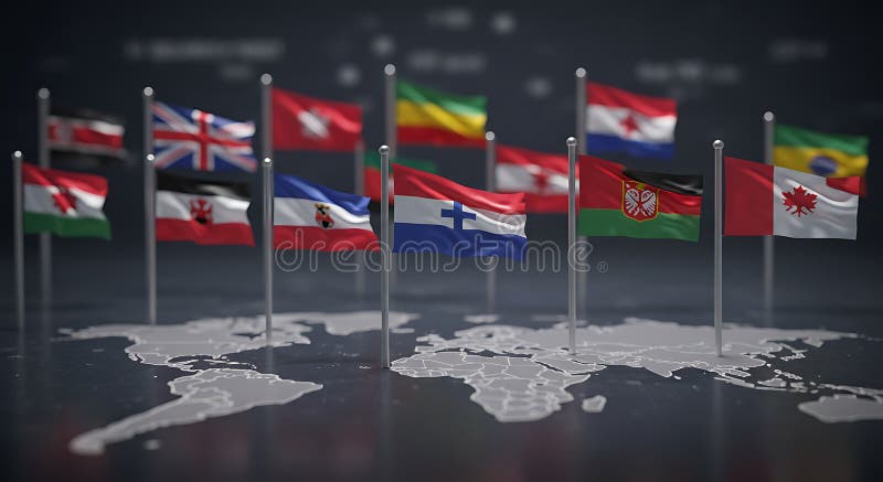 Global Flags on World Map: International Unity and Cooperation stock illustration