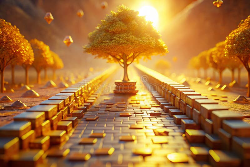 Miniaturowa ścieżka ze złotych sztabek: Perspektywa Tilt-Shift na dobrobyt, zdrowie i szczęście royalty ilustracja
