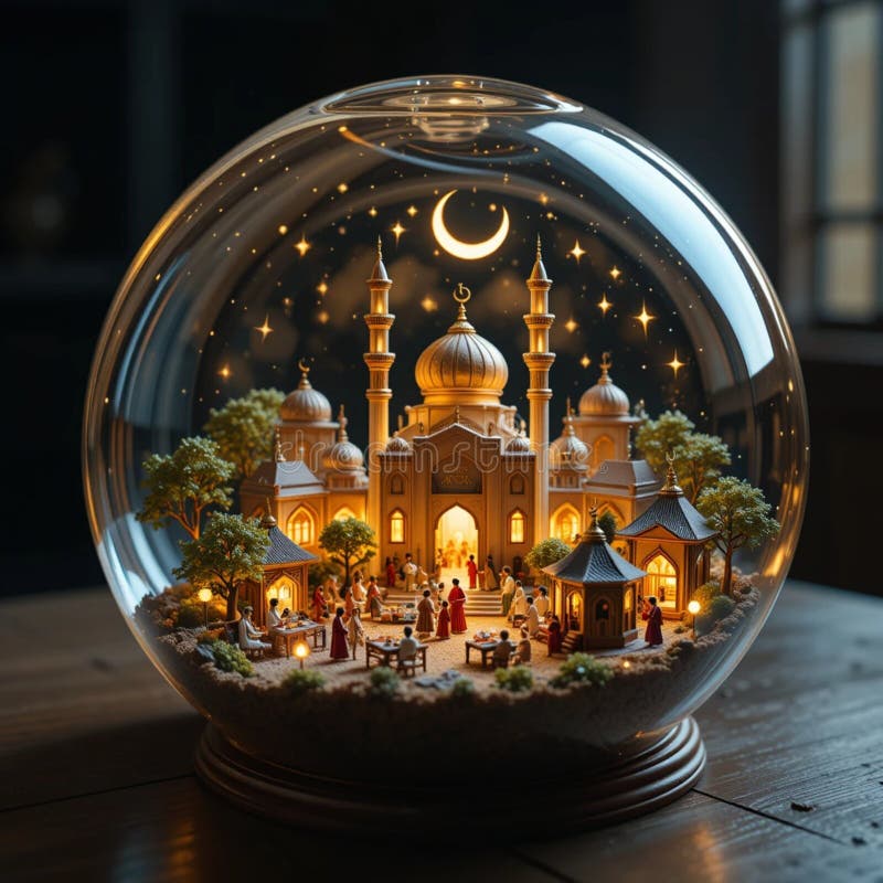 Miniature Golden Meczet w szklanej scenie z Księżycem Półksiężyca i świecącym Ramadan Night Market. ilustracja wektor