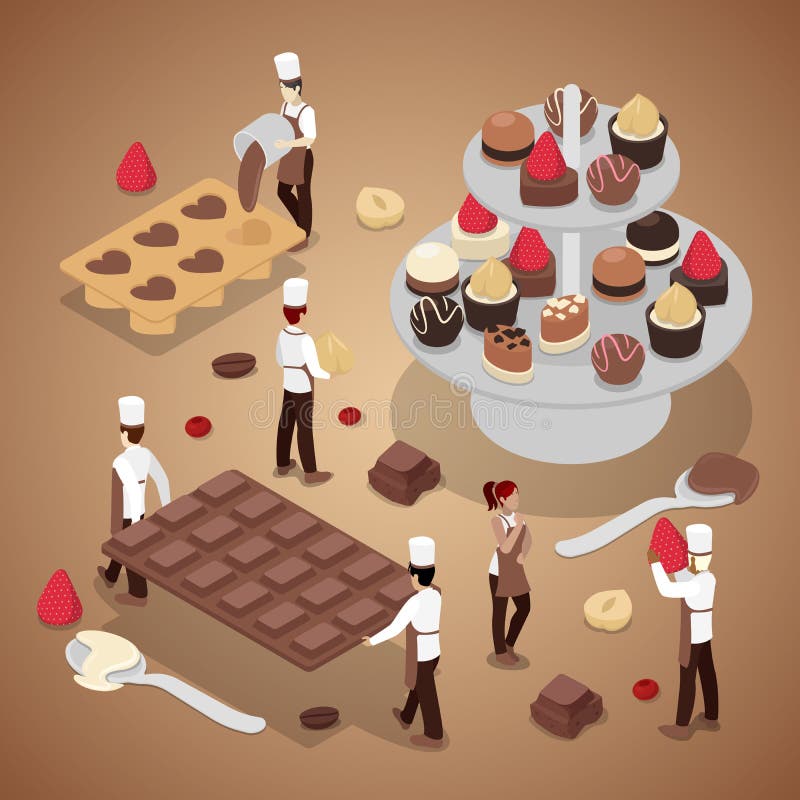 Miniature People Making Chocolate Candies. Sweet Food Production. Isometric illustration