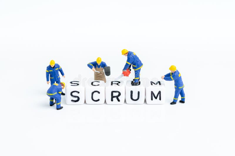 Miniature people team members building the cube block with alphabets combine the word Scrum on white copy space using as scrum stock photography