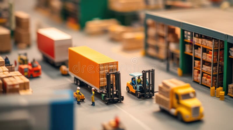 Miniature Scene of Warehouse Operations with Forklifts and Containers stock illustration