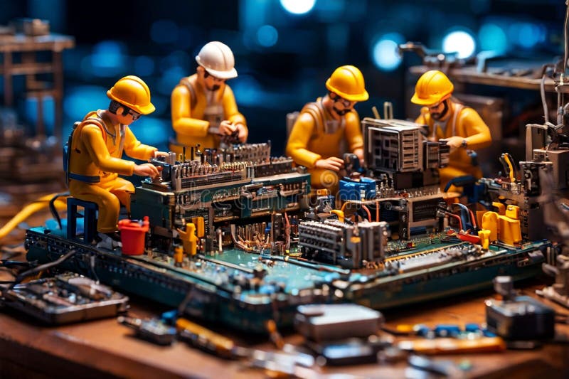 Echipa de tehnicieni în miniatură a inginerilor care repară calculatoare stock illustration