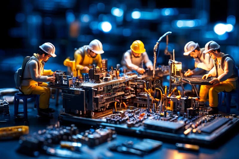 Echipa de tehnicieni în miniatură a inginerilor care repară calculatoare royalty free stock image