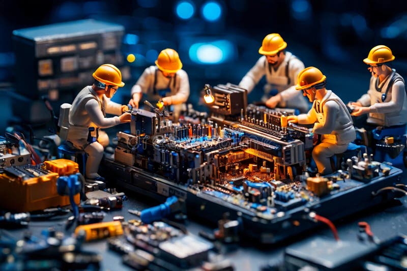 Echipa de tehnicieni în miniatură a inginerilor care repară calculatoare royalty free stock image