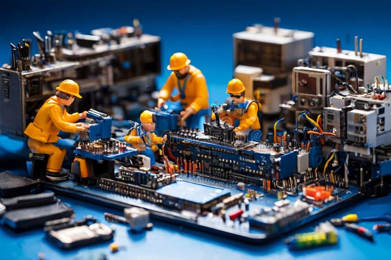 Echipa de tehnicieni în miniatură a inginerilor care repară calculatoare stock image