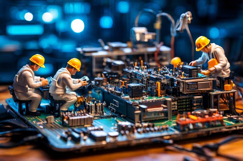 Echipa de tehnicieni în miniatură a inginerilor care repară calculatoare royalty free stock photo
