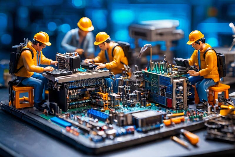 Echipa de tehnicieni în miniatură a inginerilor care repară calculatoare stock photos