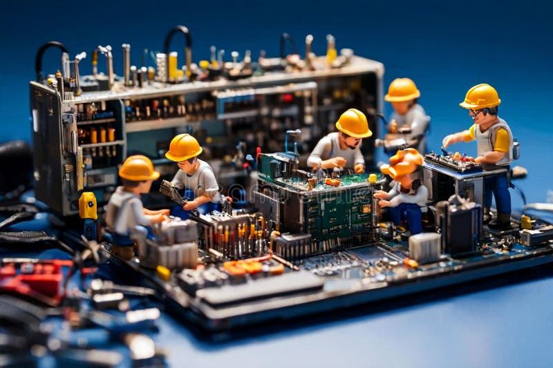 Echipa de tehnicieni în miniatură a inginerilor care repară calculatoare stock image