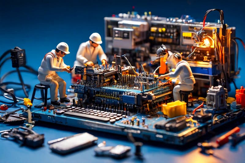 Echipa de tehnicieni în miniatură a inginerilor care repară calculatoare royalty free stock photo