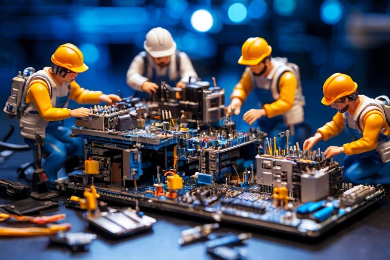 Echipa de tehnicieni în miniatură a inginerilor care repară calculatoare royalty free stock image