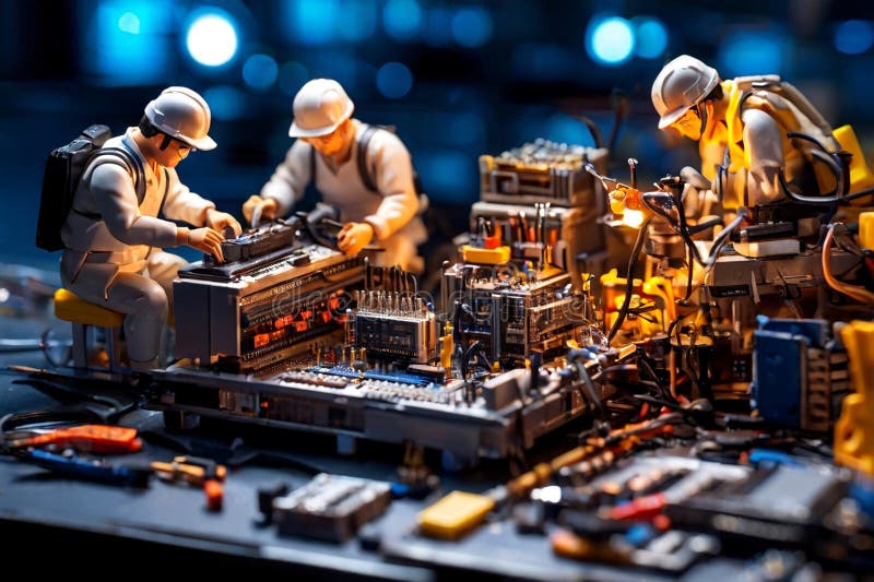Echipa de tehnicieni în miniatură a inginerilor care repară calculatoare stock images