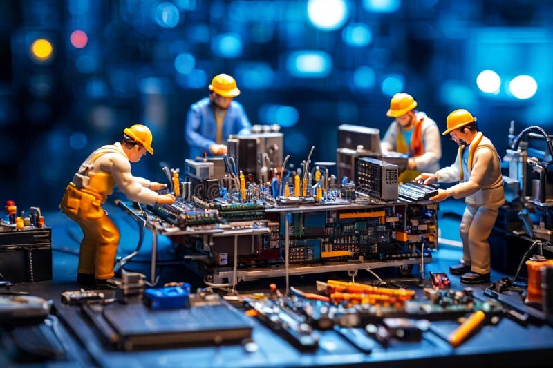 Echipa de tehnicieni în miniatură a inginerilor care repară calculatoare stock photography