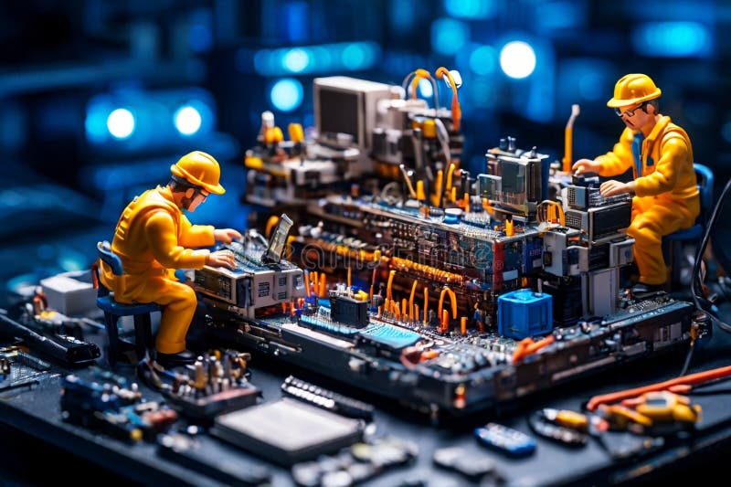 Echipa de tehnicieni în miniatură a inginerilor care repară calculatoare stock photography
