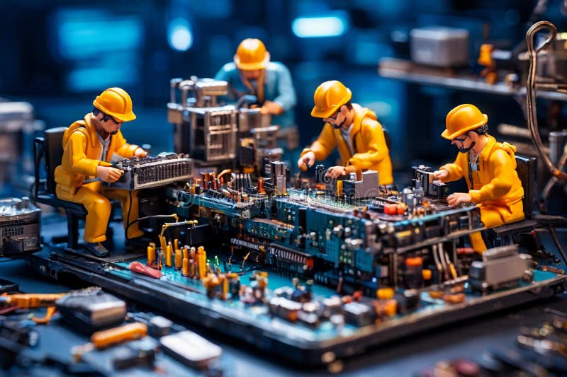 Echipa de tehnicieni în miniatură a inginerilor care repară calculatoare stock image