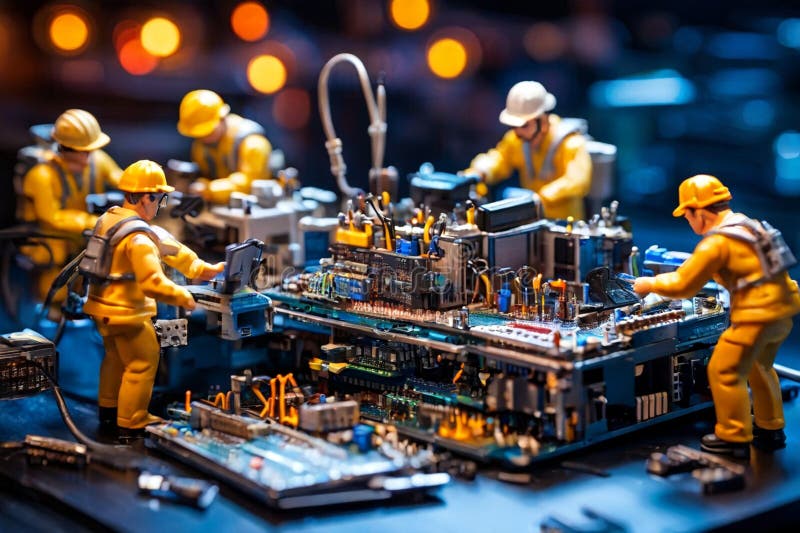 Echipa de tehnicieni în miniatură a inginerilor care repară calculatoare stock image