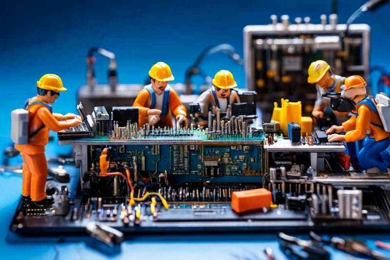 Echipa de tehnicieni în miniatură a inginerilor care repară calculatoare vector illustration